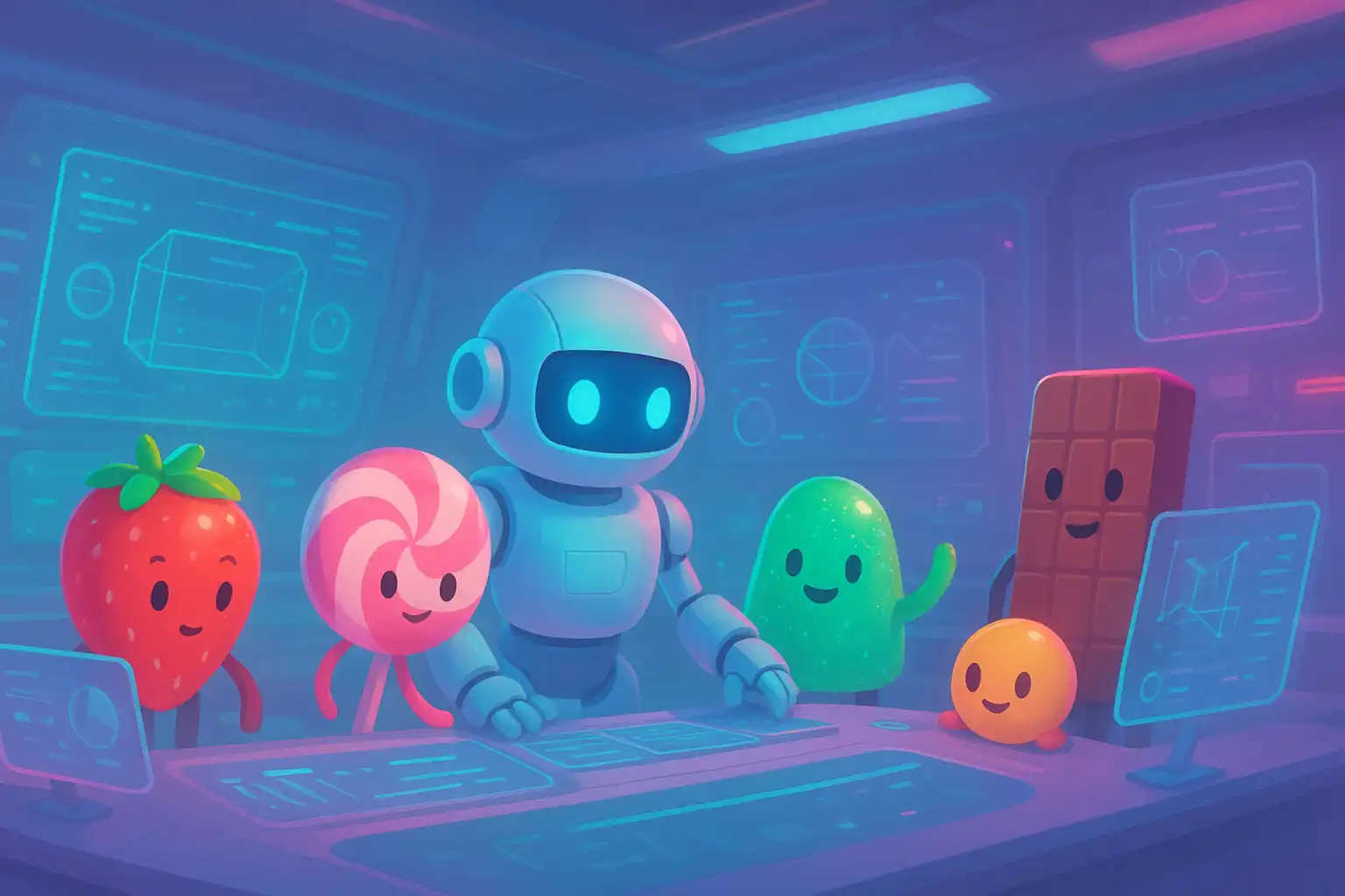 Team of animated candy characters working inside a futuristic dessert laboratory