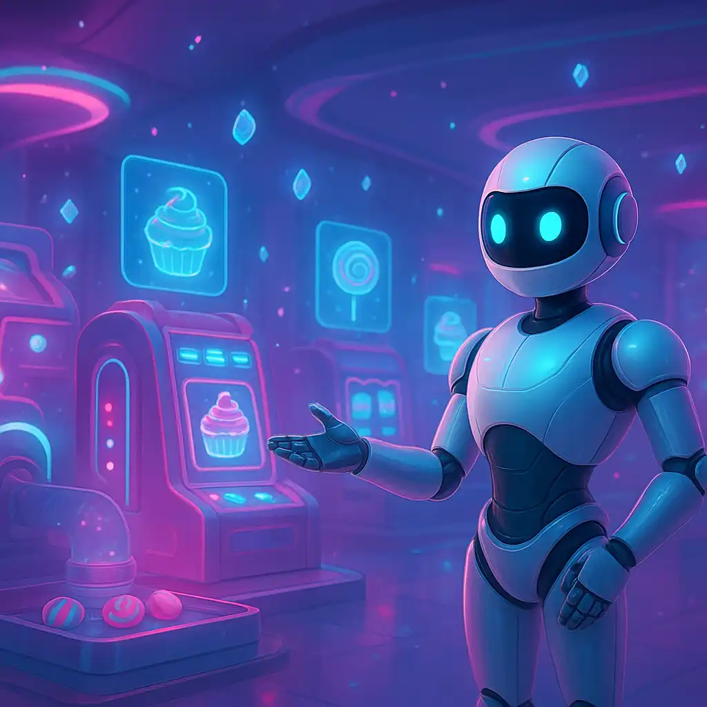 Holographic candy laboratory with glowing slot terminals and floating sugar crystals