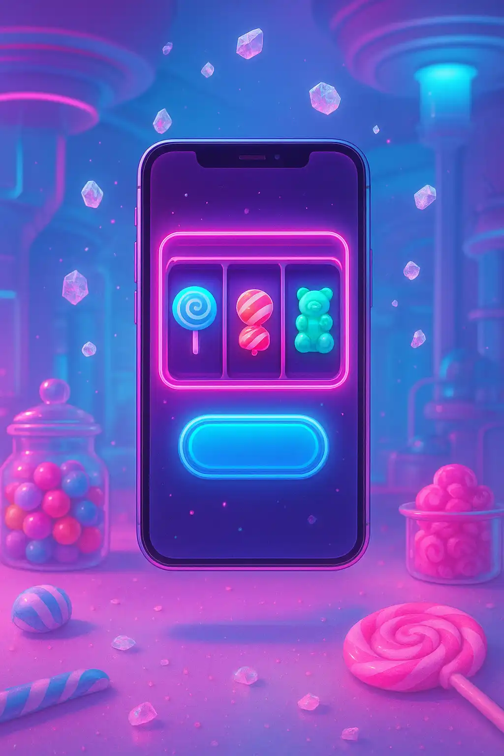 Smartphone displaying the Sweetsino mobile app interface with glowing candy icons