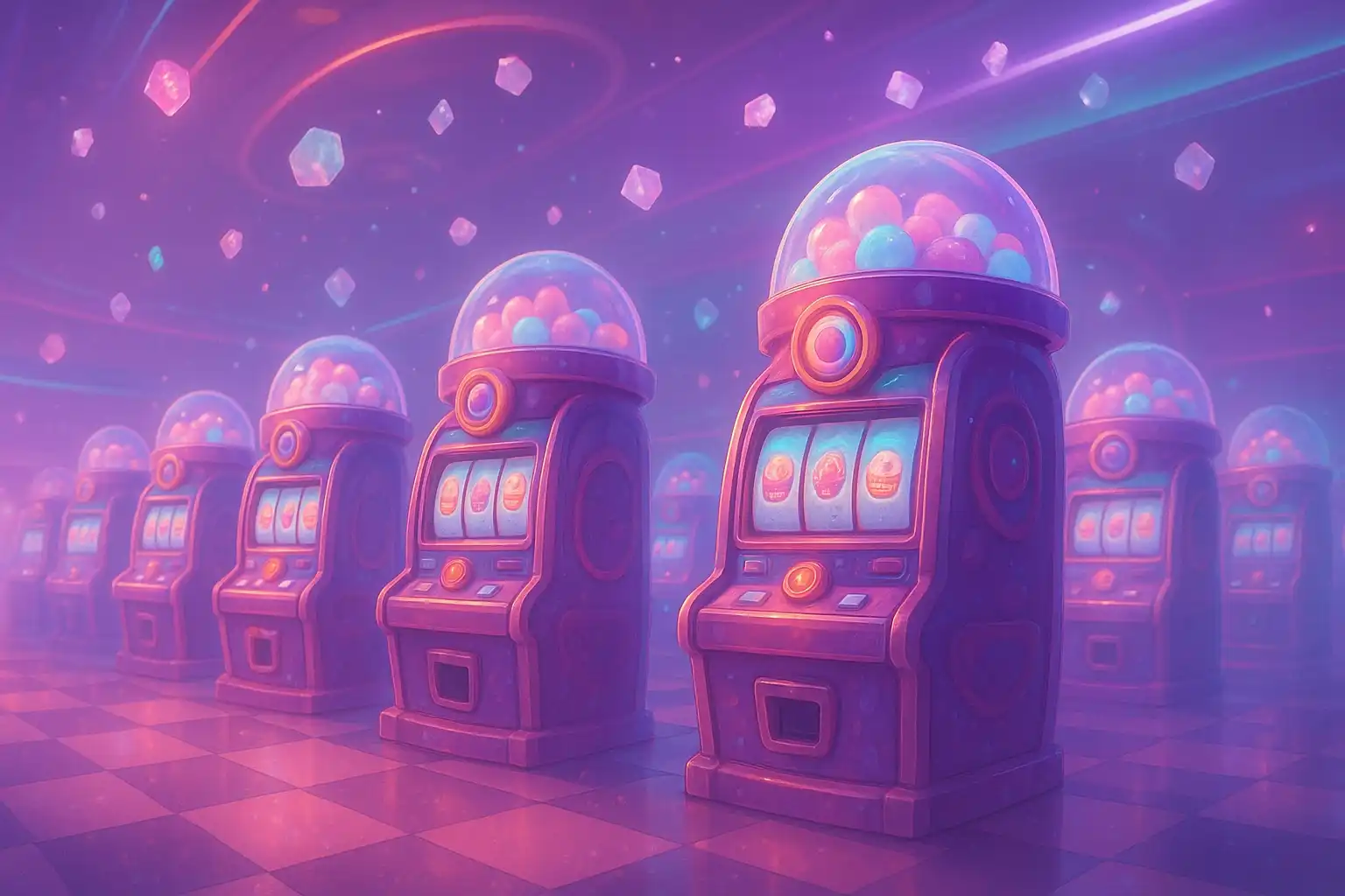 Rows of glowing slot terminals shaped like candy machines on the Sweetsino bakery floor