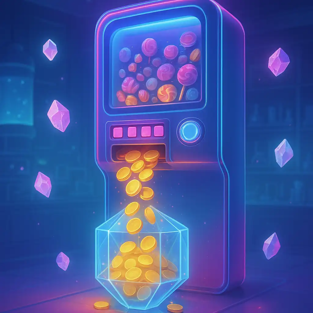 Glowing deposit machine pouring coins into a candy vault