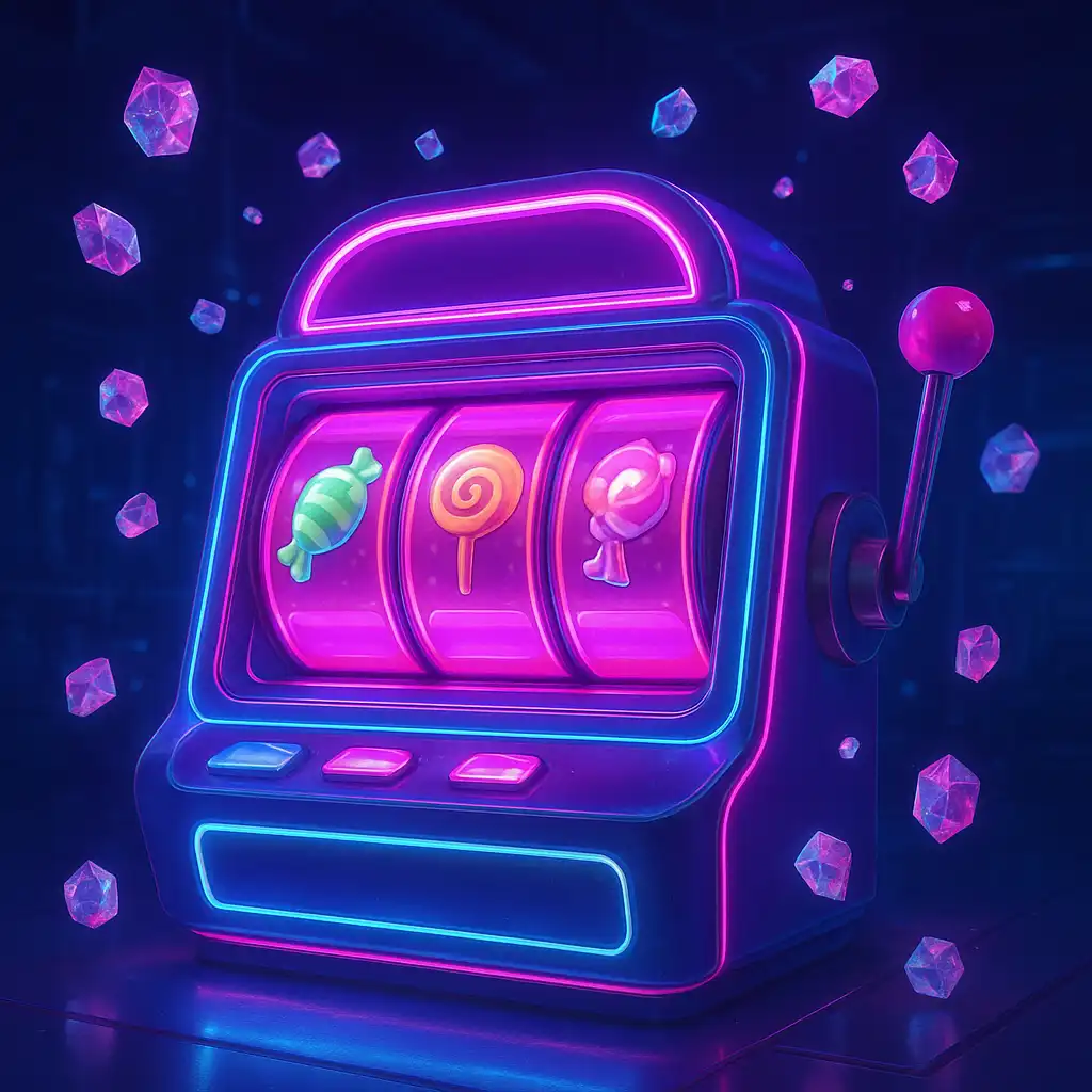 Neon slot terminal surrounded by floating sugar crystals ready to spin