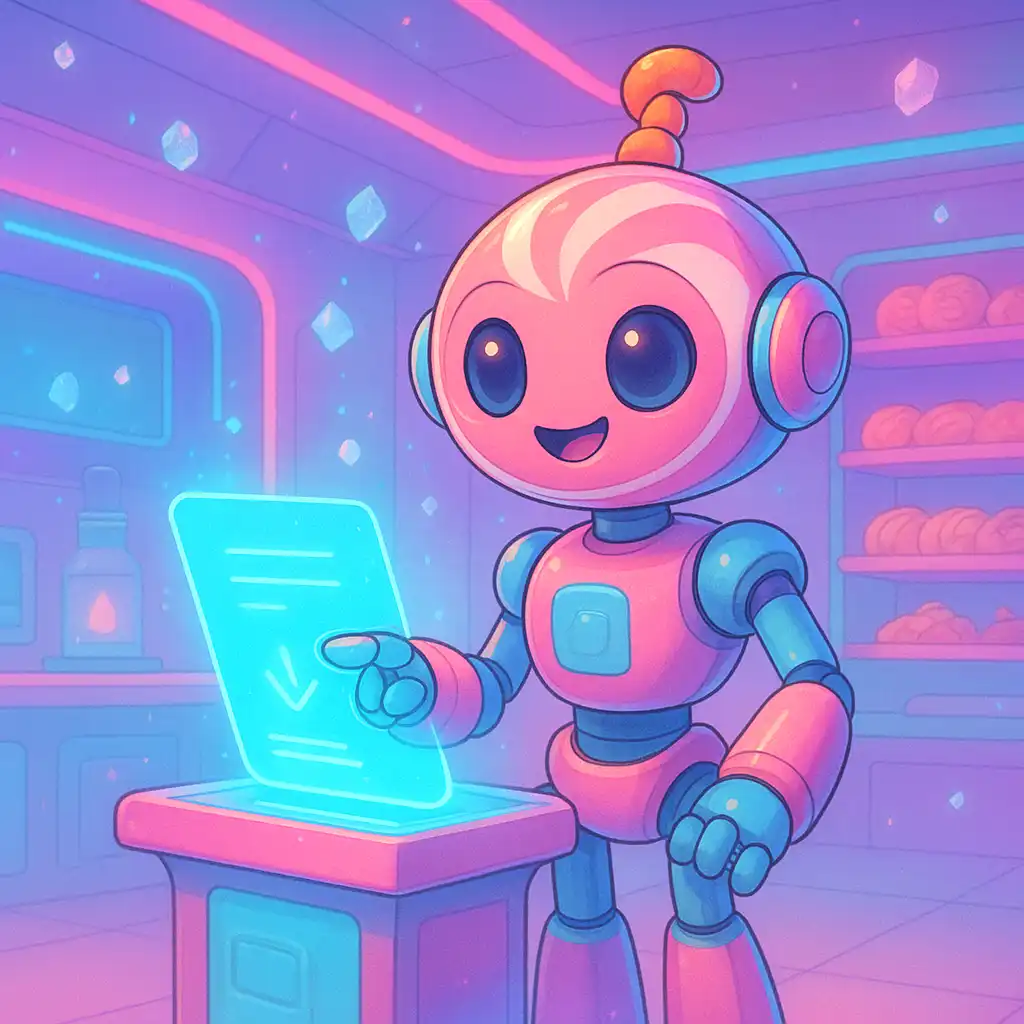 Illustrated candy robot welcoming a new player at a registration terminal